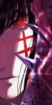  1girl bangs black_hair chainsaw_man cheng_(zi74438982) cross_scar holding holding_weapon light_rays lips long_hair looking_at_viewer red_eyes ringed_eyes scar scar_on_cheek scar_on_face simple_background solo spine weapon white_background yoru_(chainsaw_man) 