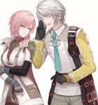  1boy 1girl aqua_eyes aqua_necktie armor asymmetrical_gloves black_gloves closed_eyes final_fantasy final_fantasy_xiii fingerless_gloves gloves grey_gloves grey_hair grey_pants hair_between_eyes hair_over_shoulder hand_to_own_mouth hope_estheim jacket lightning_farron long_sleeves medium_hair multicolored_clothes multicolored_jacket necktie open_mouth pants pink_hair popped_collar sasanomesi shirt short_hair shoulder_armor single_bare_shoulder sleeveless sleeveless_shirt sleeveless_turtleneck turtleneck twitter_username wavy_hair white_background white_jacket white_shirt yellow_jacket yellow_sleeves 