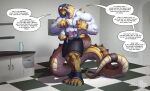  4_arms agonwolfe anthro big_hands big_muscles blue_hair bronze_dragon chef_uniform cooking dialogue digitigrade dragon dragon_tail female hair hi_res horn huge_muscles humanoid hyper hyper_muscles multi_arm multi_limb muscular solo 