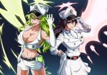  2girls adjusting_clothes adjusting_headwear bambietta_basterbine belt black_belt black_hair bleach bleach:_the_thousand-year_blood_war breasts buckle candice_catnipp cleavage elbow_gloves electricity energy english_commentary gloves green_eyes halo hat heart heart-shaped_buckle highres jacket large_breasts light_green_hair long_hair midriff multiple_girls peaked_cap purple_eyes quincy shirt shorts skirt tongue tongue_out user_yuaz3274 wandenreich white_gloves white_headwear white_jacket white_shirt white_shorts white_skirt 
