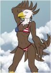  2022 absurd_res accipitrid accipitriform american_flag_bikini anthro avian bald_eagle beak bikini bird breasts cleavage clothed clothing eagle feathers female flag_bikini front_view grey_body grey_feathers hand_behind_head hi_res non-mammal_breasts portrait sea_eagle sealer4258 solo stars_and_stripes swimwear three-quarter_portrait under_boob united_states_of_america 