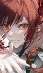  1girl black_necktie blood blood_splatter braid braided_ponytail chainsaw_man collared_shirt highres looking_at_viewer makima_(chainsaw_man) medium_hair necktie pig_ggul red_hair ringed_eyes shirt sidelocks simple_background smile solo white_background white_shirt yellow_eyes 