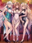  3girls alternate_costume anchorage_(azur_lane) arm_hug azur_lane bare_legs breasts china_dress chinese_clothes cleavage cleavage_cutout clothing_cutout dress full_body hakuryuu_(azur_lane) high_heels highres horns katana lantern legs long_hair looking_at_viewer multiple_girls official_alternate_costume one_eye_closed paper_lantern sleeveless smile strappy_heels suzumia_(daydream) swiftsure_(azur_lane) swiftsure_(beauty_of_white_jade)_(azur_lane) sword underboob underboob_cutout weapon weapon_on_back 