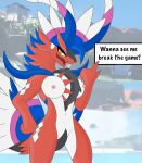  absurd_res anthro apex_build_koraidon breasts dragon feathers female generation_9_pokemon glitch hi_res koraidon legendary_pokemon nintendo nipples nude pokemon pokemon_(species) red_body roguecolonel303 screencap screencap_background solo text tire video_games 