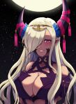  1girl bangs bare_shoulders blush breasts cleavage dragon_girl fire_emblem fire_emblem_engage full_moon hair_ornament hair_over_one_eye highres horns large_breasts long_hair mature_female moon night night_sky pochaimo pointy_ears purple_eyes purple_ribbon revealing_clothes ribbon sky smile solo star_(sky) starry_sky tan tassel tassel_hair_ornament upper_body white_hair zephia 