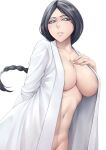  1girl black_hair bleach blue_eyes braid breasts cleavage collarbone commentary_request highres large_breasts long_hair looking_at_viewer navel open_clothes open_robe robe sakuya_(liao_kj) scar scar_on_chest single_braid solo stomach unohana_retsu white_background white_robe 