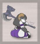  big_butt bovid brooding butt caprine colored_sketch crossed_legs exposed_thighs flat_colors from_behind_(disambiguation) frown hair hammer hi_res horn long_hair mammal sheep sitting sketch sono sonomatic tools weapon 