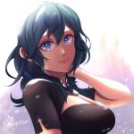  1girl aldafera_art bangs black_shirt blue_eyes blue_hair breasts byleth_(fire_emblem) byleth_(fire_emblem)_(female) cleavage fire_emblem fire_emblem:_three_houses hand_in_own_hair highres large_breasts light lips looking_at_viewer medium_hair shirt smile solo watermark 