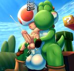  abdominal_bulge absurd_res anal anal_penetration balls big_balls big_penis blue_sky bodily_fluids bulge cum cum_inside dinosaur duo ejaculation enjoying fungus gameplay_mechanics genital_fluids genitals hi_res huge_balls huge_penis humanoid life_(gaming) lizard male male/male mario_bros mushroom mushroom_kingdom nintendo penetration penis reptile scalie sex size_difference size_play sky smile toad_(mario) tohilewd video_games yoshi yoshi_(character) 