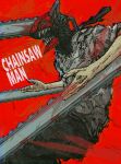  1boy absurdres black_necktie blood blood_on_weapon chainsaw chainsaw_man copyright_name denji_(chainsaw_man) floating_necktie highres hybrid necktie open_mouth red_background sharp_teeth shirt simple_background solo teeth torn_clothes tumubar117 weapon white_shirt 