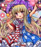  1girl :d american_flag_dress american_flag_legwear arm_up bangs blonde_hair blue_dress blush brooch clownpiece cowboy_shot dress fairy_wings fang hat holding index_finger_raised jester_cap jewelry long_hair looking_at_viewer marker_(medium) multicolored_clothes multicolored_dress neck_ruff open_mouth polka_dot_headwear print_dress purple_hair purple_headwear purple_ribbon red_dress ribbon rui_(sugar3) sample_watermark short_sleeves smile solo star_(symbol) star_print striped striped_dress thighhighs touhou traditional_media very_long_hair wings 