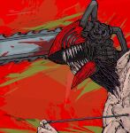  1boy blood blood_on_weapon chainsaw chainsaw_man denji_(chainsaw_man) facing_to_the_side highres hybrid motion_lines open_mouth red_background sharp_teeth simple_background solo string_pull teeth topless_male tumubar117 weapon 