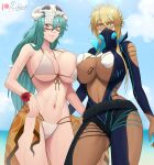  2girls arrancar bikini bleach bleach:_brave_souls blonde_hair blue_eyes blue_sky bodysuit breast_press breast_tattoo breasts cleavage cloud dark-skinned_female dark_skin day devilukez facial_mark front-tie_bikini_top front-tie_top green_hair hair_between_eyes highres huge_breasts long_hair looking_at_viewer mask mouth_mask multiple_girls navel nelliel_tu_odelschwanck patreon_logo signature skull_on_head sky swimsuit tattoo tier_harribel underboob wetsuit white_bikini yellow_eyes 