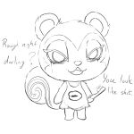  :3 animal_crossing anthro bottomless brush chibi clothed clothing dialogue female hair hi_res looking_at_viewer makeup mammal messy_fur messy_hair nintendo on_model pecan_(animal_crossing) rodent running_eyeliner running_makeup sciurid shirt shirt_only simple_background simski sketch slightly_chubby solo swirl_pattern tired_eyes toothbrush topwear topwear_only video_games white_background 