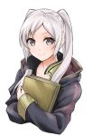  1girl black_coat book closed_mouth coat collarbone eyelashes fire_emblem fire_emblem_awakening grey_eyes holding holding_book long_hair long_sleeves looking_at_viewer robin_(fire_emblem) robin_(fire_emblem)_(female) simple_background smile solo split_mouth ten_(tenchan_man) twintails upper_body white_background white_hair 