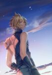  1boy armor bandaged_arm bandages bangs belt blonde_hair blue_eyes blue_shirt cloud cloud_strife cloudy_sky cowboy_shot final_fantasy final_fantasy_vii final_fantasy_vii_remake gloves hair_between_eyes highres male_focus multiple_belts outdoors parted_bangs sasanomesi shirt short_hair shoulder_armor single_bare_shoulder sky sleeveless sleeveless_turtleneck snow solo spiked_hair suspenders toned toned_male turtleneck twitter_username winter 