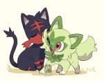  ;3 closed_eyes fangs green_fur highres licking litten mugino_kouji no_humans one_eye_closed open_mouth pokemon pokemon_(creature) sitting sprigatito tail 