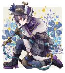  1boy arrow_(projectile) bangs bishounen black_footwear bloomminority boots bow_(weapon) commentary earrings english_commentary floral_background fur_collar gloves hat highres holding holding_bow_(weapon) holding_weapon jewelry kneeling looking_at_viewer male_focus original personification purple_hair quiver red_eyes sagittarius solo symbol-only_commentary weapon zodiac 