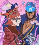  2boys anchor_necklace archie_(pokemon) bandana beard black_eyes blue_bandana blue_bodysuit bodysuit coat commentary dark-skinned_male dark_skin facial_hair glasses groudon highres i_am_muruzo jewelry kyogre logo male_focus maxie_(pokemon) mega_stone minimized multiple_boys necklace on_head open_clothes open_coat pokemon pokemon_(creature) pokemon_(game) pokemon_on_head pokemon_oras red_bodysuit red_coat red_hair ribbed_bodysuit short_hair symbol-only_commentary team_aqua team_magma 