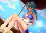  1girl arrancar bare_shoulders beach_umbrella bench bikini bleach blue_bikini blue_sky breasts cleavage cloud collarbone dutch_angle english_commentary facial_mark green_hair highres legs long_hair looking_at_viewer nelliel_tu_odelschwanck o-ring o-ring_top ponytail sandals sitting skull_on_head sky smile solo swimsuit umbrella user_yuaz3274 yellow_eyes 