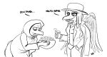  anthro bowl clothed clothing container dialogue dino_nugget dinosaur duo fang_(gvh) feathered_wings feathers female food goodbye_volcano_high hat headgear headwear humor mafia monochrome nugget offering_food pterodactylus pterosaur reptile scalie seven_(artist) simple_background snoot_game_(fan_game) suit text video_games white_background wings 