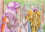  aries_muu armor art athena athena_(saint_seiya) bare_shoulders breasts cleavage color_pencils dress eyes_closed facial_mark forehead_mark full_armor goddess greek highres horns illustration kido_saori kidou_saori knight lemurian long_hair nature saint_seiya saori_kido sheep_horns statue very_long_hair 