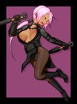  boots breasts choker cleavage dark_skin elf elvaan female final_fantasy final_fantasy_xi fishnet_legwear fishnet_stockings fishnets kikugato kunai legwear long_hair ninja okiku open_mouth pink_hair pointy_ears ponytail solo thighhighs weapon yellow_eyes 