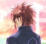  1boy adult artist_request brown_hair cloud kratos_aurion lowres male male_focus messy_hair orange_eyes profile red_eyes short_hair sky solo spiked_hair sunset tales_of_(series) tales_of_symphonia 