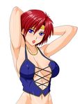  1girl after_war_gundam_x armpits arms_behind arms_behind_back arms_up blue_eyes blush breasts cleavage earrings ennil_el gundam gundam_x headband highres jewelry lipstick makani_kohitujito makanikohitujito makeup midriff necklace red_hair short_hair 