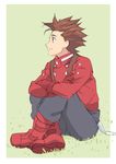  1boy banneko boots brown_eyes brown_hair buttons crossed_arms full_body gloves grass legs_crossed lloyd_irving male male_focus nature outdoors pants profile red_boots red_gloves red_shoes ribbon shoes short_hair simple_background sitting smile solo spiked_hair suspenders tales_of_(series) tales_of_symphonia 