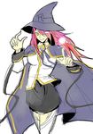  arc_system_works blazblue breasts cape female hat konoe_a_mercury long_hair lowres magic miniskirt nine_(blazblue) noran pink_hair simple_background skirt solo white_background witch_hat yellow_eyes 