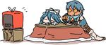  .hack// .hack//g.u. 1boy 1girl aina aina_(.hack//g.u.) bandai cyber_connect_2 food fruit kotatsu lowres mandarin_orange mikan ovan table television yokoshima_(tirimoti) 