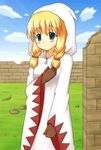  blonde_hair blue_eyes blush female final_fantasy final_fantasy_tactics gloves hood krs_(pixiv139418) long_hair nature outdoors robe sky solo white_mage white_mage_(fft) 