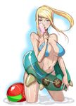 adapted_costume bangs bikini blonde_hair blue_eyes body_blush breasts bridgeless_bra butcha-u cleavage contrapposto cowboy_shot day floating_hair food headwear_removed helmet helmet_removed high_ponytail holding innertube large_breasts licking long_hair looking_at_viewer lowres metroid metroid_(creature) navel objectification outdoors popsicle samus_aran sidelocks sky solo standing strapless swept_bangs swimsuit tongue tongue_out transparent wading water wet zero_suit 