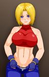  abs bare_shoulders blonde_hair blue_eyes blue_mary blush breasts highres king_of_fighters makani_kohitujito makanikohitujito short_hair snk tubetop 