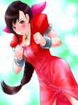  aerith_gainsborough aerith_gainsborough_(cosplay) black_hair blush bracelet breasts cosplay dress female final_fantasy final_fantasy_vii gradient gradient_background highres jewelry long_hair pink_ribbon ponytail red_eyes ribbon solo tifa_lockhart yu-sk 