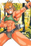  arrow bow bow_(weapon) clothing elf fighting male_focus muscle muscles nature orange_hair outdoors pointy_ears ripped solo torn_clothes weapon 