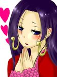  1girl amazon_lily blue_eyes boa_hancock earrings female heart jacket jewelry long_hair one_piece purple_hair red_jacket shichibukai solo 