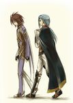  2boys artist_request blue_hair bodysuit brown_hair cape eyes_closed fingerless_gloves full_body gloves kratos_aurion long_hair lowres male male_focus multiple_boys ponytail profile shoes short_hair simple_background spiked_hair tales_of_(series) tales_of_symphonia walking yuan_ka-fai 
