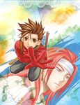  2boys bare_shoulders blue_eyes brown_hair buttons gloves headband kairi_(pixiv68417) kneeling lloyd_irving long_hair male male_focus multiple_boys open_mouth orange_eyes pants red_gloves red_hair short_hair spiked_hair suspenders sword tales_of_(series) tales_of_symphonia weapon zelos_wilder 