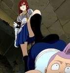  1boy 1girl armor boots brown_eyes cap erza_scarlet fairy_tail femdom long_hair red_hair screencap skirt stitched trample 