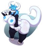  2019 3_toes 4_fingers anthro areola big_breasts big_hands black_sclera blue_eyes blue_hair blue_tongue breasts butt cewljoke claws clothing demon female fist hair horn leggings legwear long_tail senni signature simple_background solo thick_thighs toes tongue tongue_out 