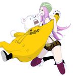  1girl animal bear bepo biting boots female hat jewelry_bonney jolly_roger jumpsuit novit one_piece patterned_legwear pink_hair pirate simple_background suspenders 
