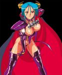  1girl 90s black_background blue_hair boots breasts carrera demon_girl demon_tail horns large_breasts leaning_forward looking_at_viewer nipples oldschool red_eyes simple_background skull_necklace sogna solo succubus tail thigh_boots thighhighs viper viper_gts 