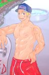  abs blonde_hair boxers hat itto_(mentaiko) male_focus mentaiko muscle muscles nature outdoors shirtless short_pants smile solo trunks underwear 