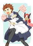  2boys alternate_costume apron brown_eyes brown_hair dress eyes_closed gloves happy headband heart lloyd_irving long_hair lowres maid maid_apron male male_focus mikan_(pixiv1817678) multiple_boys open_mouth pantyhose red_hair ribbon short_hair simple_background spiked_hair tales_of_(series) tales_of_symphonia text translation_request zelos_wilder 