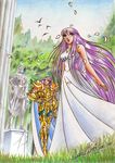  1boy 1girl aries_muu armor art athena athena_(saint_seiya) bird breasts cape color_pencils dress dutch_angle goddess grass greece greek greek_mythology helmet highres illustration kido_saori kidou_saori knight large_breasts lemurian long_hair nature outdoors petals purple_hair saint_seiya saori_kido signature tree very_long_hair 