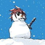  artist_request brown_hair carrot kratos_aurion lowres no_humans short_hair snow snowman sword tales_of_(series) tales_of_symphonia weapon what 