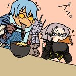  .hack// .hack//g.u. 2boys bandai blush creep cyber_connect_2 eating food haseo laughing lowres multiple_boys noodles ovan ramen shrimp shrimp_tempura simple_background tempura 