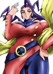  ahoge bare_shoulders belt blue_eyes breasts capcom card covered_nipples gabayo hand_on_hip huge_breasts long_hair looking_down open_mouth pantyhose purple_hair rose_(street_fighter) scarf solo street_fighter 